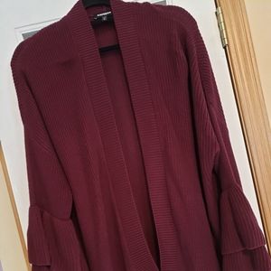 Burgundy Ruffle Sleeve Sweater Cardigan